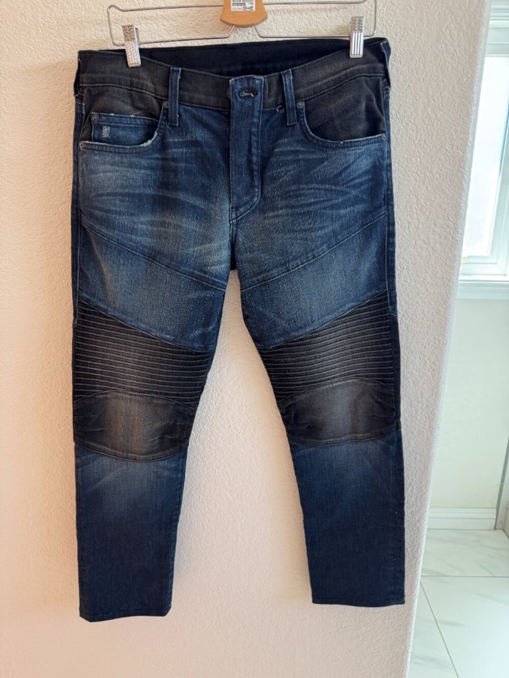 True Religion Men's Moto Biker Jeans Size 31 Dark Blue Distressed Denim